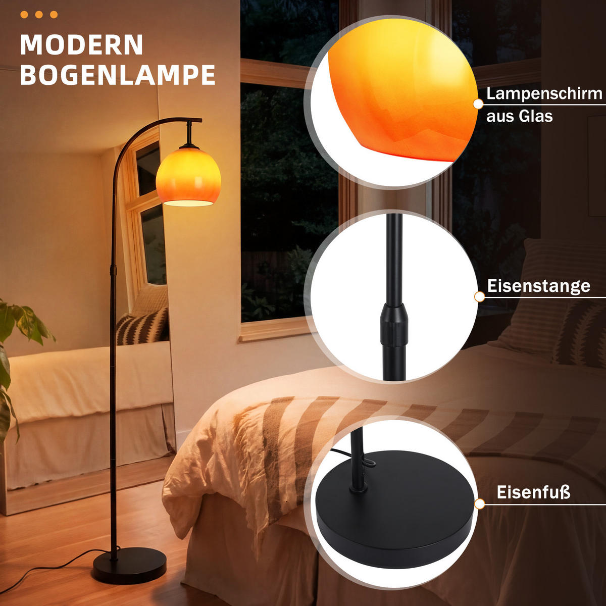 STEHLAMPE Jynvex 40/25/160 cm - Schwarz/Orange, Glas/Metall (40/25/160cm) - ZMH