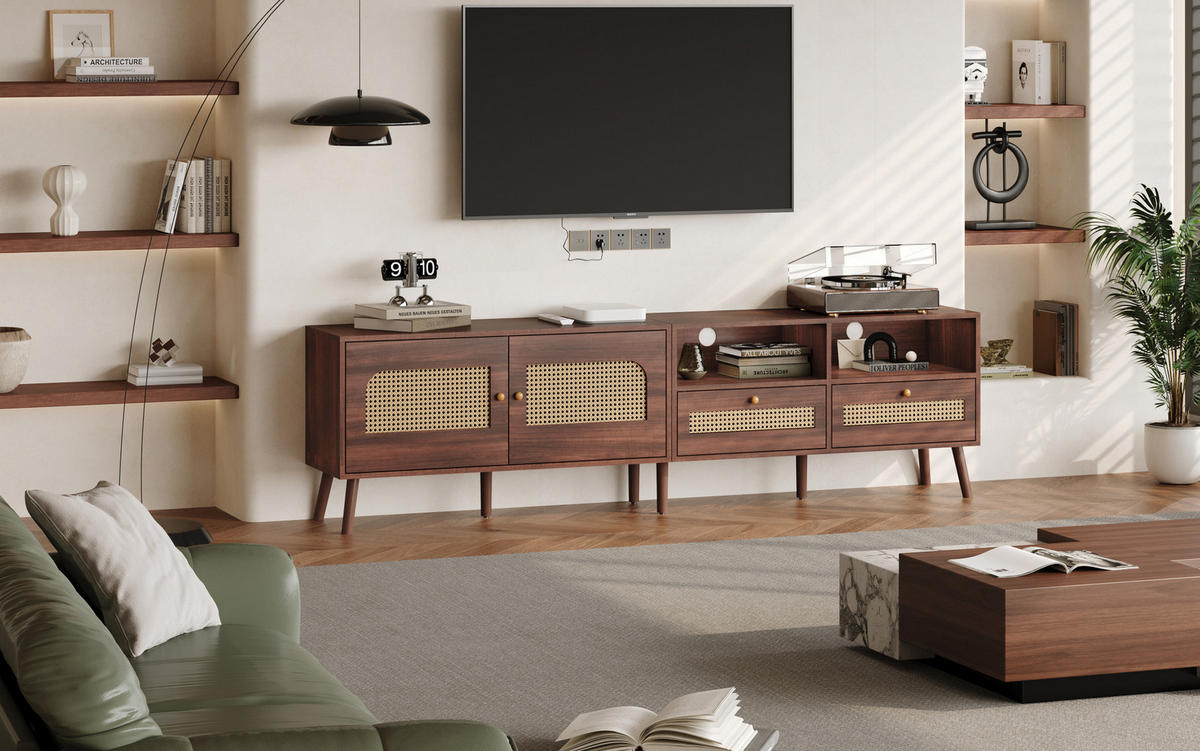 TV-LOWBOARD in Braun mit 2 Rattantüren und 2 Schubladen 200/37/49.5 cm - Braun, Holzwerkstoff (200/49.5/37cm) - Redom