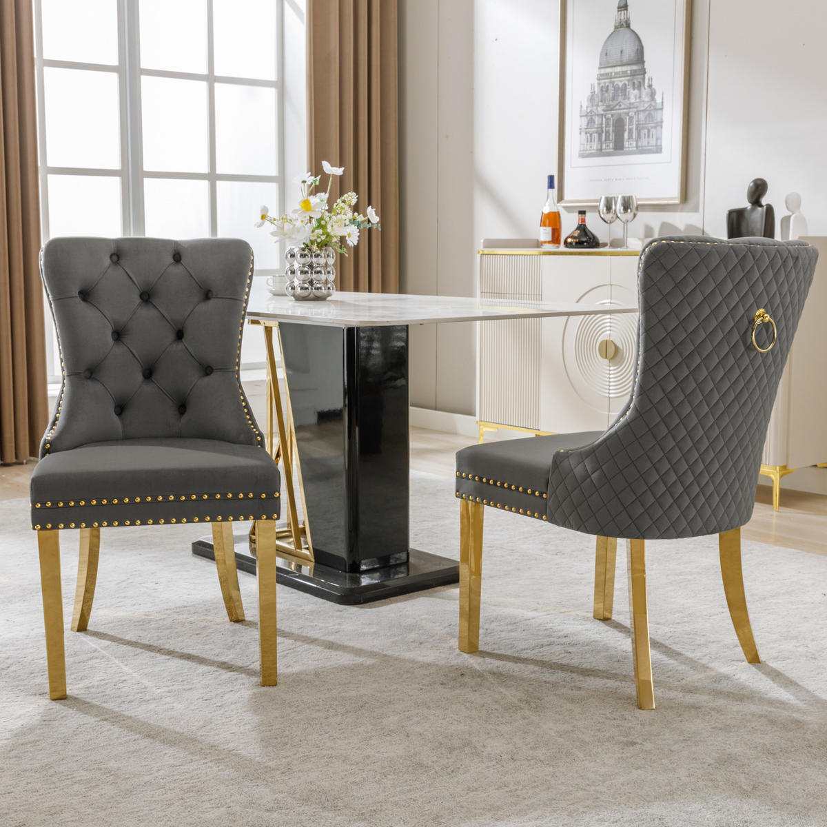 ESSZIMMERSTUHL 2-Tlg Samt Grau Gold, Nagelkopf, Gold Beine - Grau, Textil (50.5/95/45cm) - FLIEKS