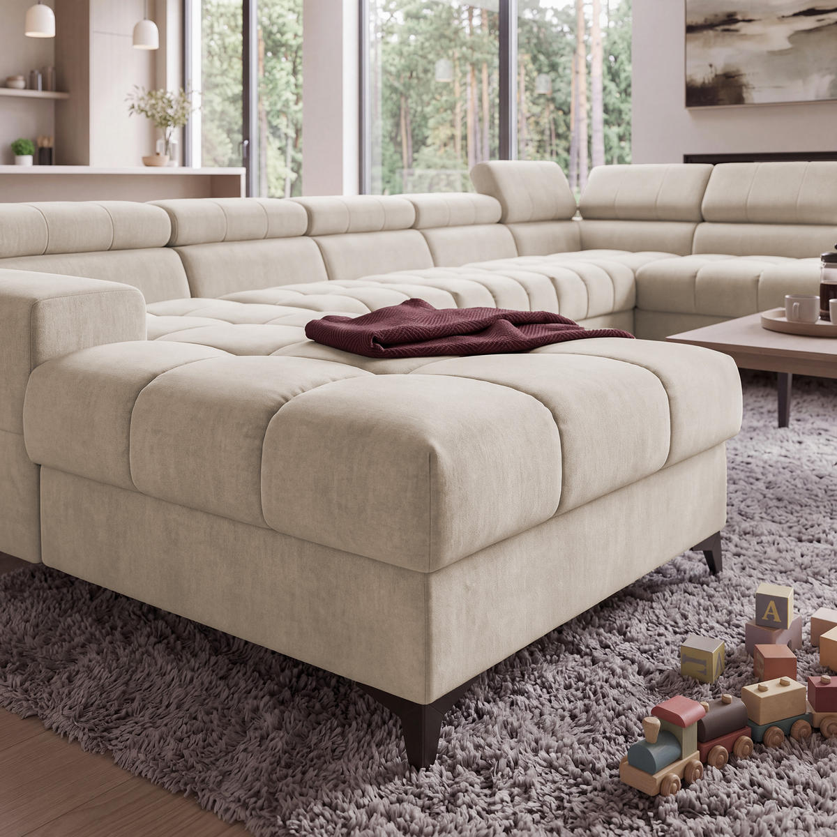 ECKSOFA PUDDING MAXI U Rechts mit Schlaffunktion 125x330 Velours Creme - Creme/Schwarz, Holz/Textil (421/203cm) - Muffo