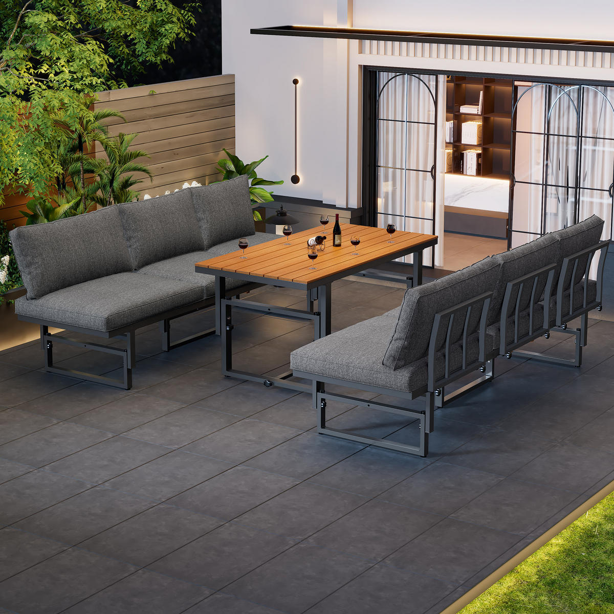 GARTENMÖBEL-SET 186/64/70-76 cm mit verstellbarer Sitz- und Tischhöhe, Akazienholz-Ablagen, Grau - Grau, Metall - Redom