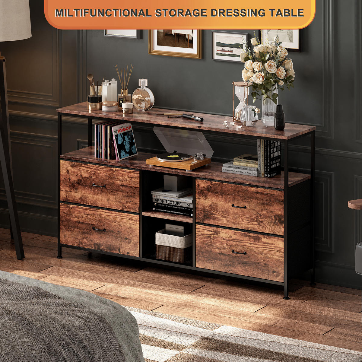 TV LOWBOARD 108x30x77 cm LED Metall Holz - Naturfarben, Holz (108/76.8/29.8cm) - LEBENLANG