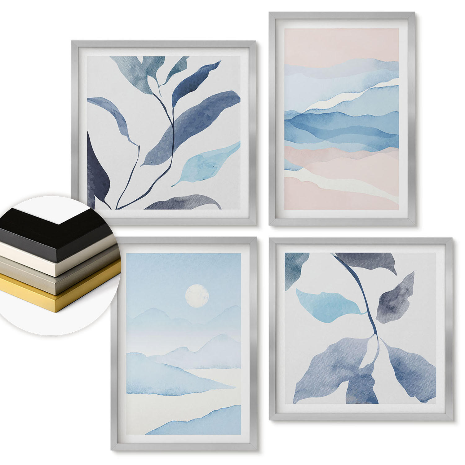 WANDBILDER 4er Set - 50x50 cm & 40x60 cm Silberner Rahmen - Berglandschaften, Aquarellpflanzen - Silberfarben, Kunststoff (50/50cm) - ArtPrintCave