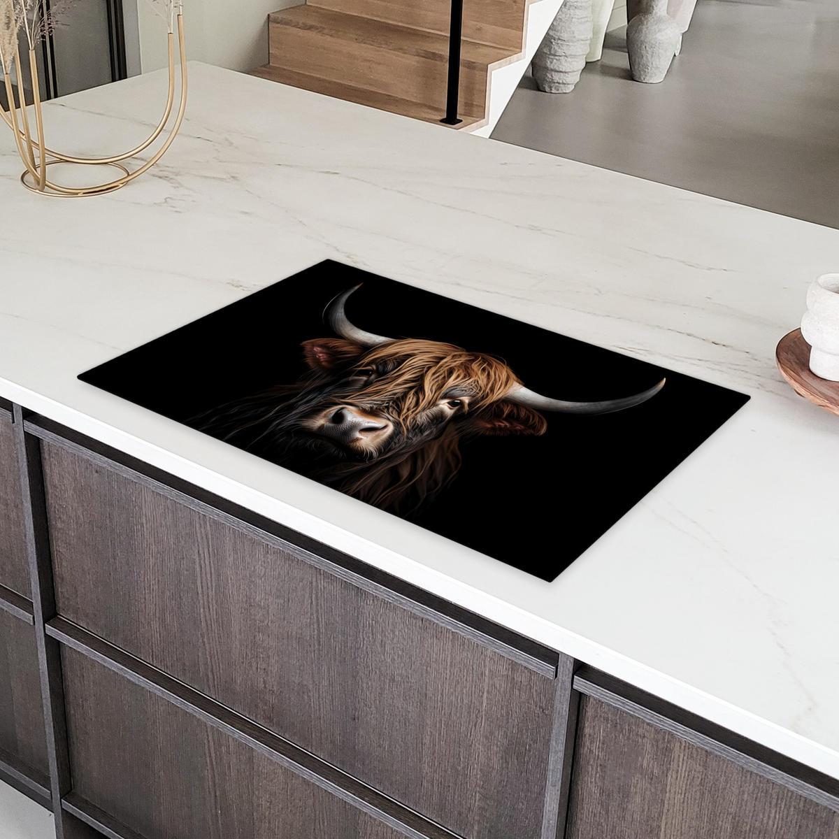 HERDABDECKPLATTE Schottischer Highlander - Porträt - Schwarz - Tier Induktionsmatte 83x51 cm - Braun, Kunststoff (83/51.5/0.2cm) - MuchoWow