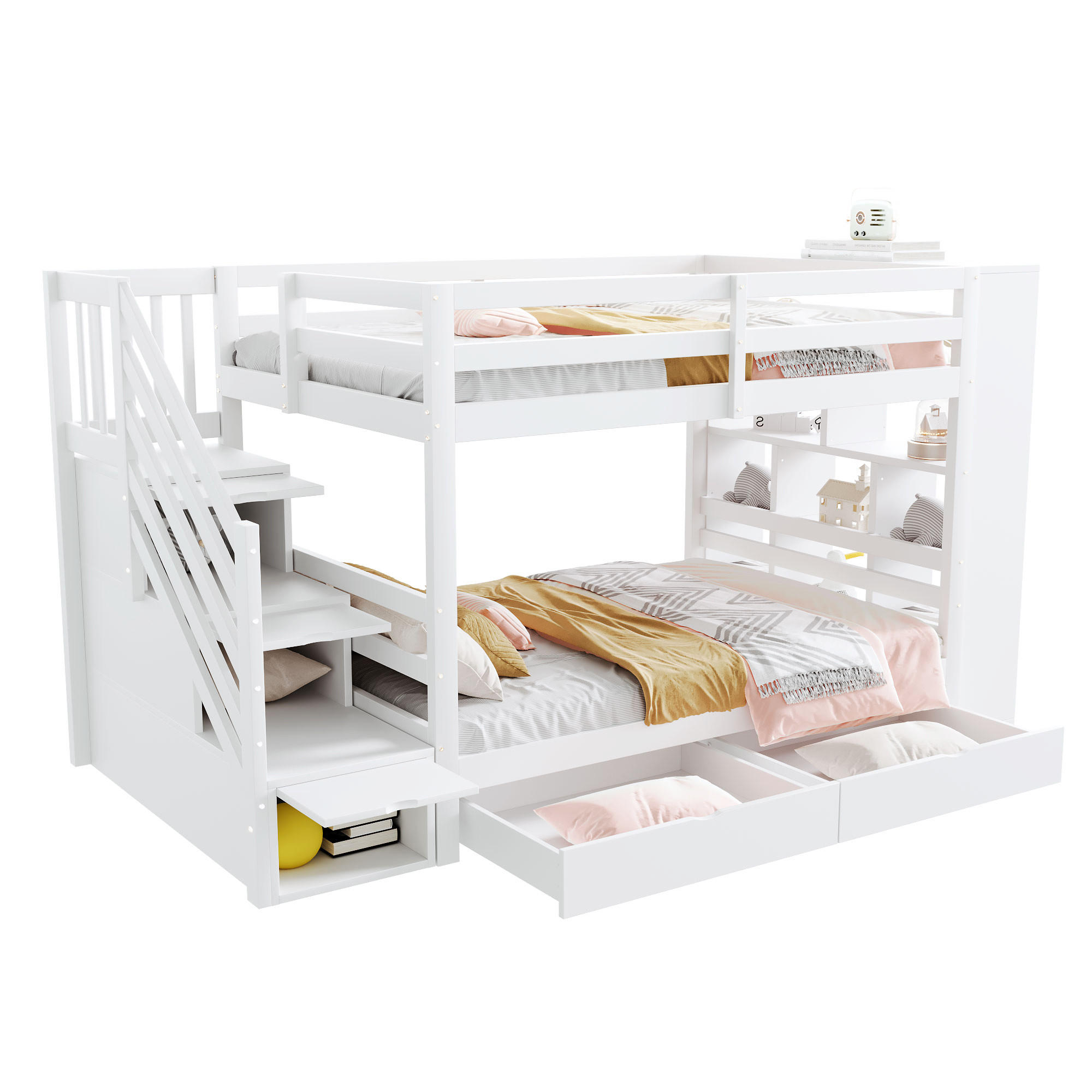 STILVORA ETAGENBETT 90/200 cm in Weiß Kinderbett mit Sicherheitstreppe, 2 Schubladen und Stauraum