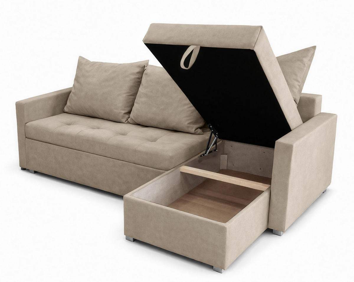 ECKSOFA Universelle L Form Elif Beige 220/140/85 cm stilvolle mit Schlaffunktion - Beige/Silberfarben, Kunststoff/Textil (220/140cm) - AX Living