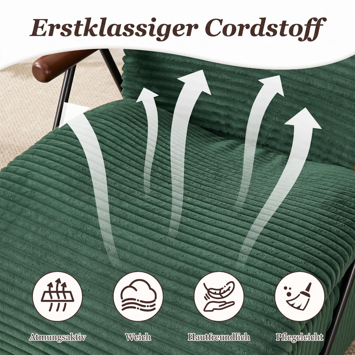 XXL-SESSEL mit Armlehnen, Cord Loungesessel, Ergonomisch, Grün - Grün, Textil/Metall (71/75/100cm) - LVHOM
