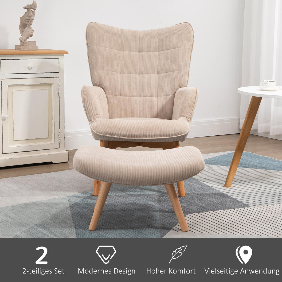 OHRENSESSEL mit Hocker, Relaxsessel, Polstersessel in Cord-Optik, mit Holzbeine - Beige, Holz (80/101/72cm) - HOMCOM