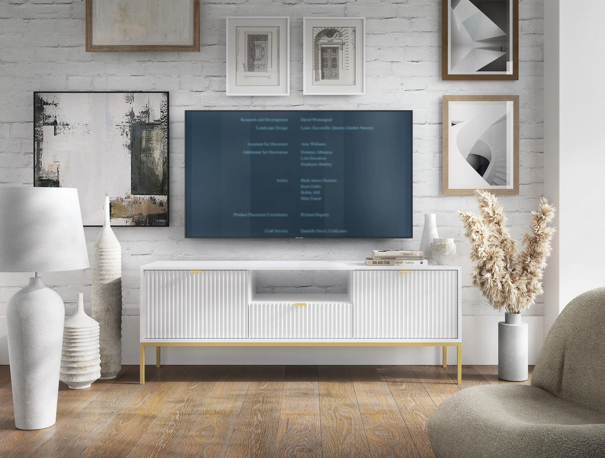 TV-SCHRANK Vellore Weiß mit goldenen Metallbeinen 154 cm - Goldfarben/Weiß, Holzwerkstoff/Metall (154/56/39cm) - Selsey