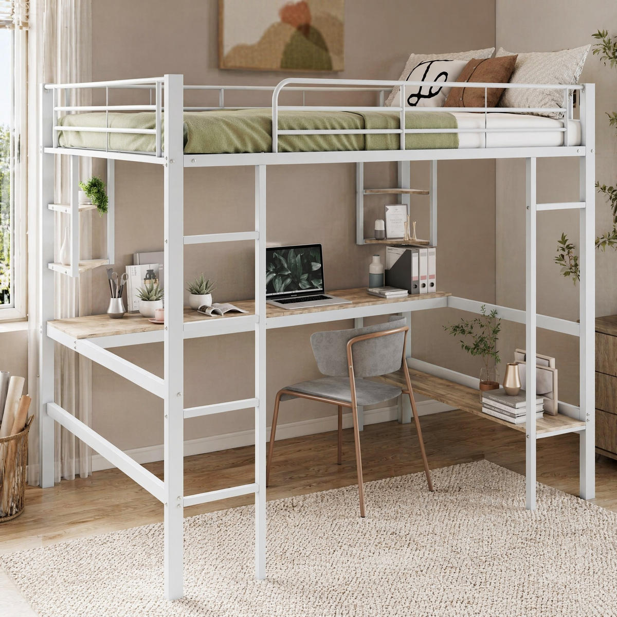 HOCHBETT 140/200 cm Weiß aus Metall und MDF mit Schreibtisch - Weiß, Metall (140/200cm) - OKMYHOME