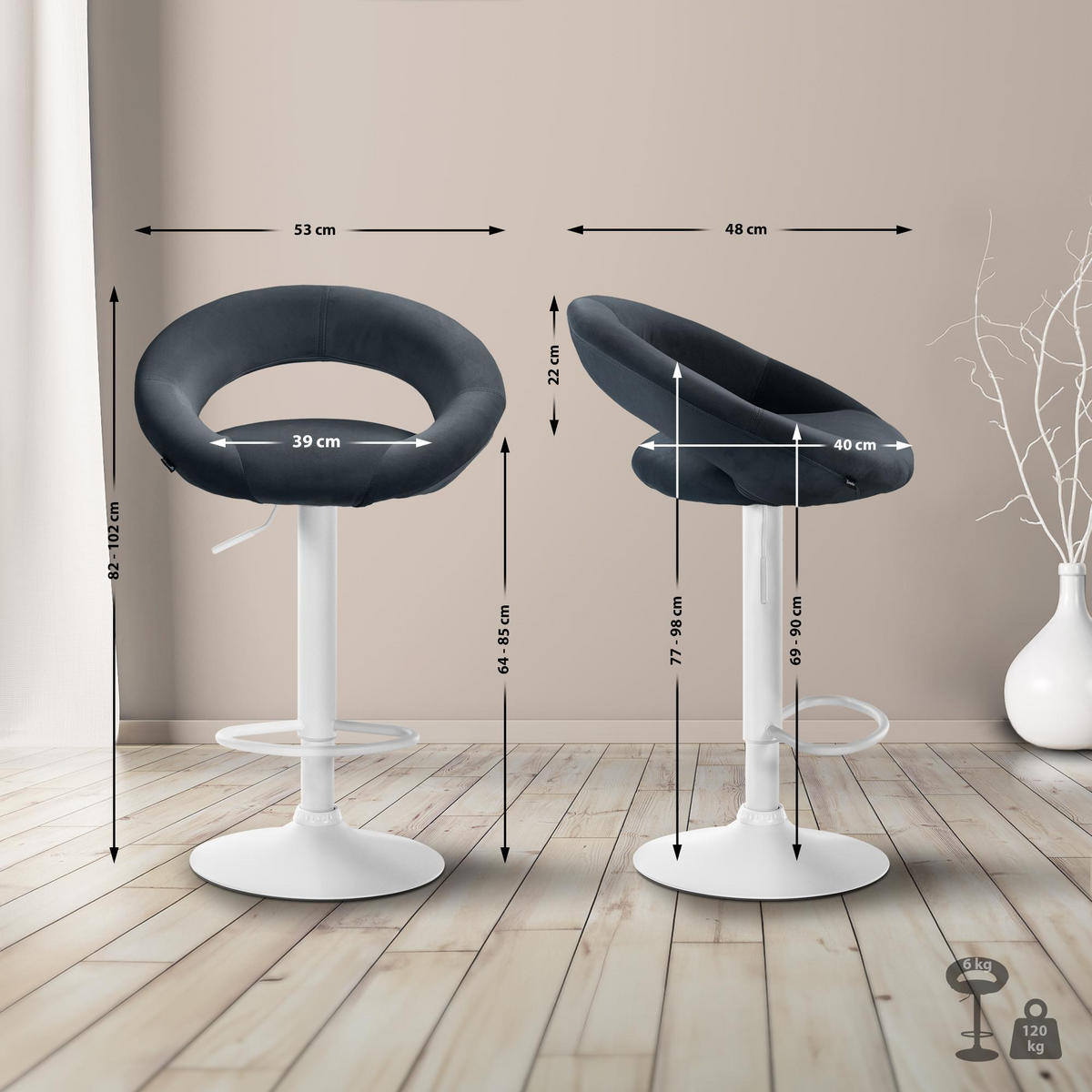 BARHOCKER Samt dunkelgrau - Dunkelgrau/Weiß, Textil/Metall (53/80/47cm) - CLP