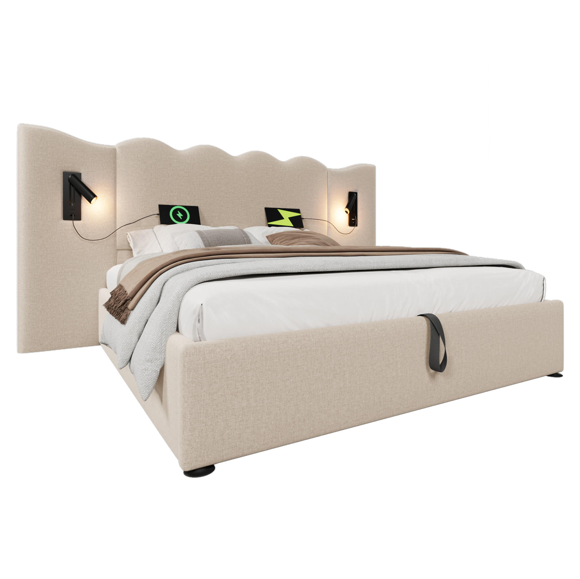 ČALÚNENÁ posteľ z leinenu 180x200 cm béžová s LED lampou, USB a Type-C nabíjaním, úložným priestorom - béžová, textil (180/200cm) - Modfu