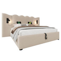 ČALÚNENÁ posteľ z leinenu 180x200 cm béžová s LED lampou, USB a Type-C nabíjaním, úložným priestorom - béžová, textil (180/200cm) - Modfu