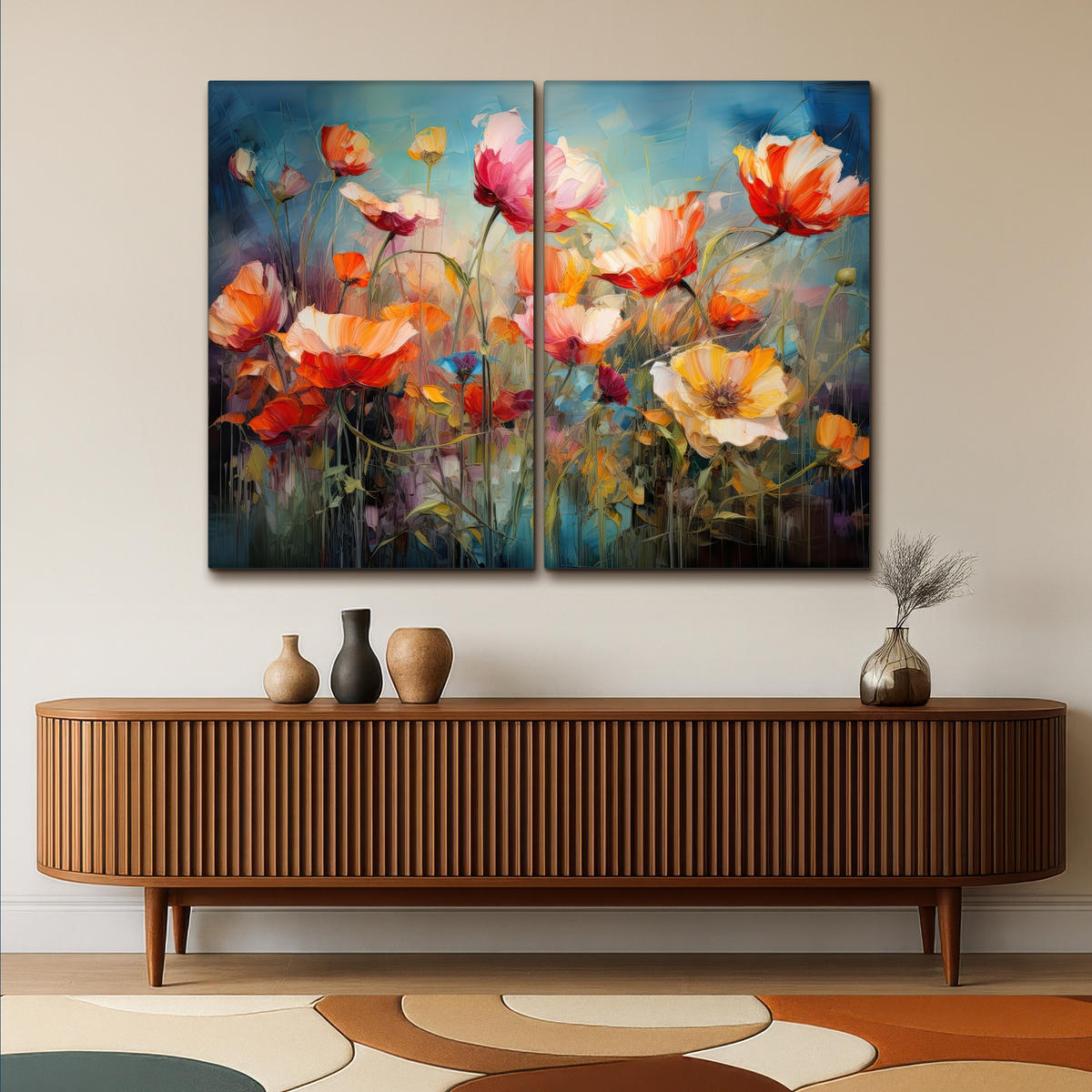 LEINWANDBILD 2er Set Blumen - Bunt - Abstrakt 160x120 cm - Blaugrau, Textil (160/120cm) - MuchoWow