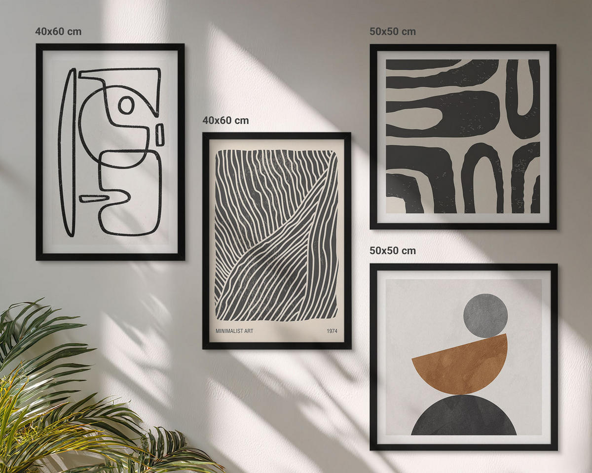 WANDBILDER 4er-Set - 50x50 cm & 40x60 cm Schwarzer Rahmen - Abstrakte Muster mit Linien - Schwarz, Kunststoff (50/50cm) - ArtPrintCave