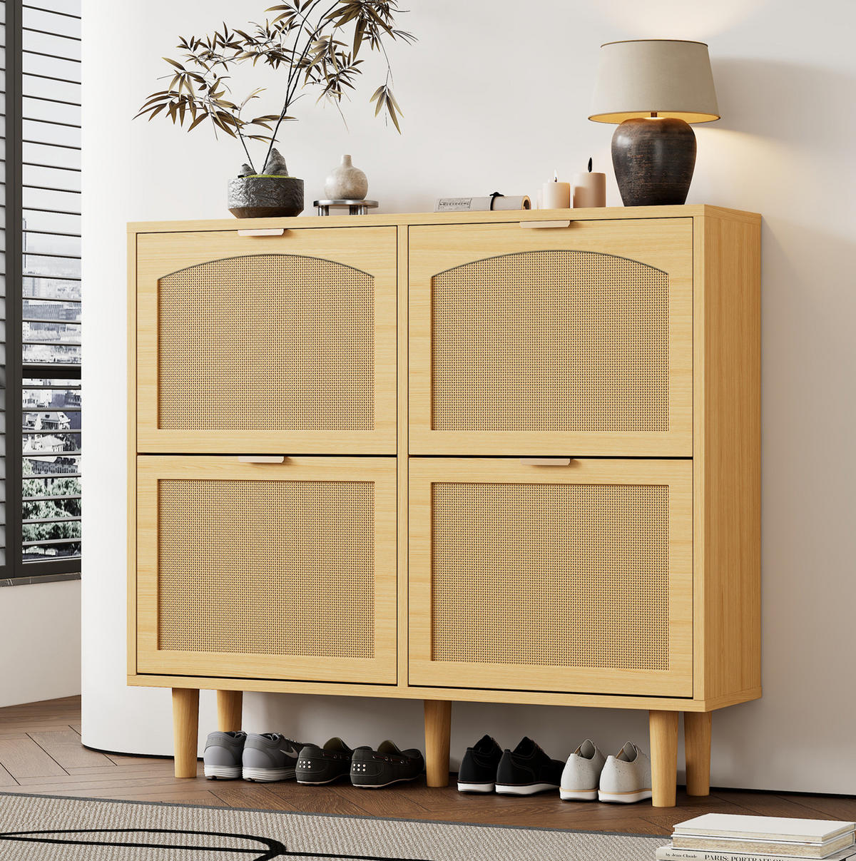 SCHUHSCHRANK 25/100/90 cm mit 4 Klappen und Rattanfronten, platzsparend, Helle Eiche - Naturfarben, Holzwerkstoff (100/90/25cm) - Redom