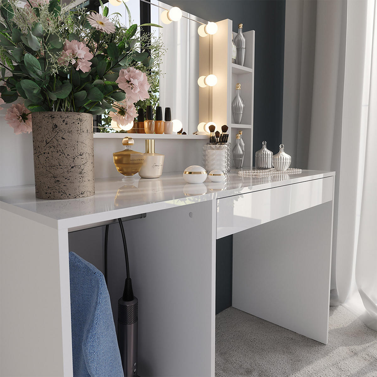 SCHMINKTISCH Sherry Weiß/Weiß Hochglanz 119.8 cm 4 Teile - Weiß Hochglanz, Holzwerkstoff (119.8/76/50.1cm) - Vicco