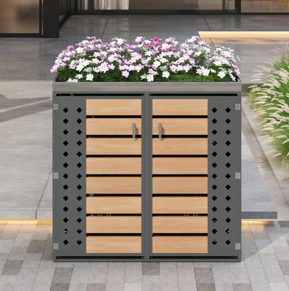 MÜLLTONNENBOX aus verzinktem Stahlblech in Grau/Holzoptik mit Pflanzgefäß 132x80x124,5 cm - Grau, Metall (132/124.5/80cm) - Modfu