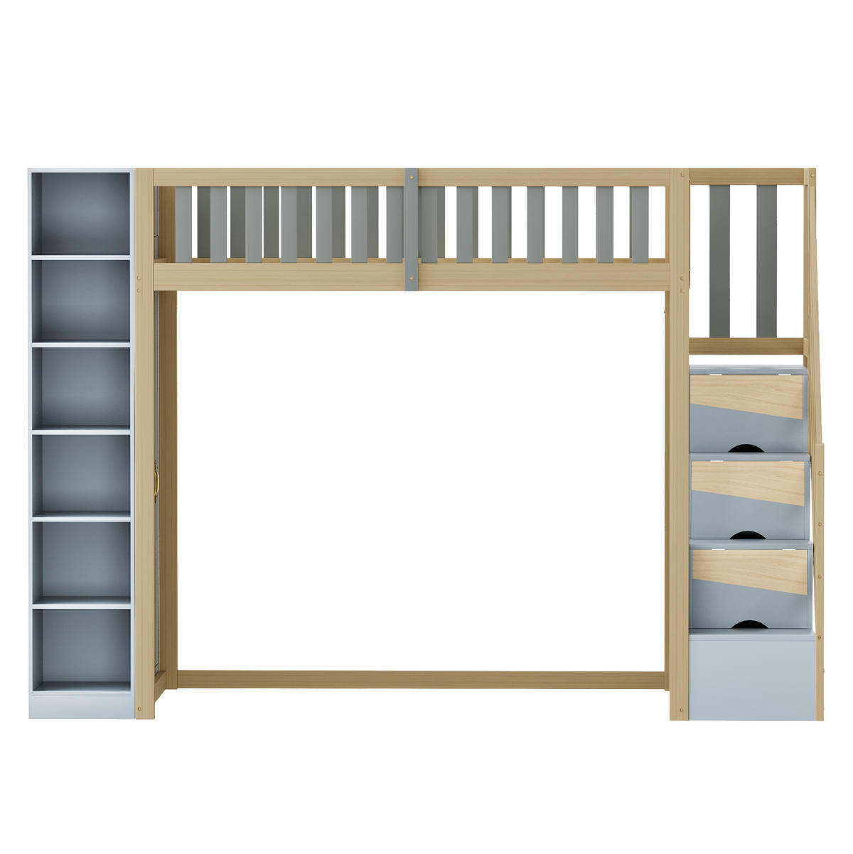 HOCHBETT 90/200 cm mit Kleiderschrank, Regalen und Stauraumleiter, Grau/Natur - Grau, Holzwerkstoff (90/200cm) - Redom