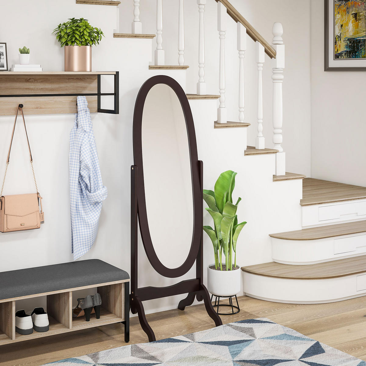 STANDSPIEGEL DE-17941 ovales Design mit verstellbarem Winkel Kaffee - Braun, Holzwerkstoff (48/147/46cm) - ComfortXL