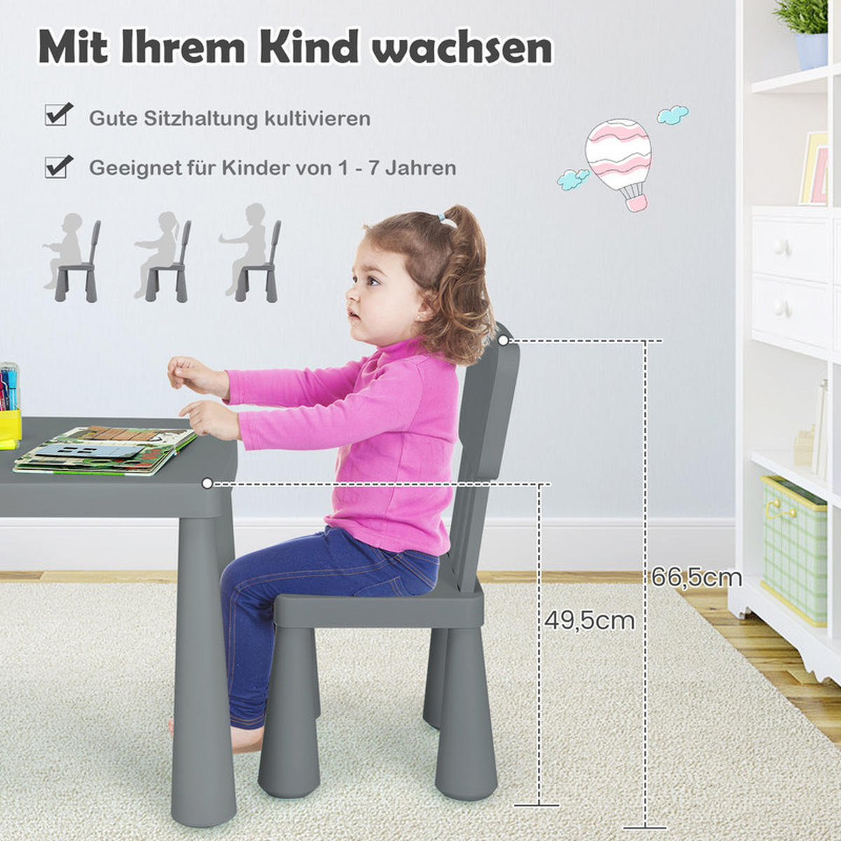 KINDERTISCH mit 2 Stühlen grau(3-tlg) - Grau, Kunststoff (76.5/49.5/54.5cm) - COSTWAY