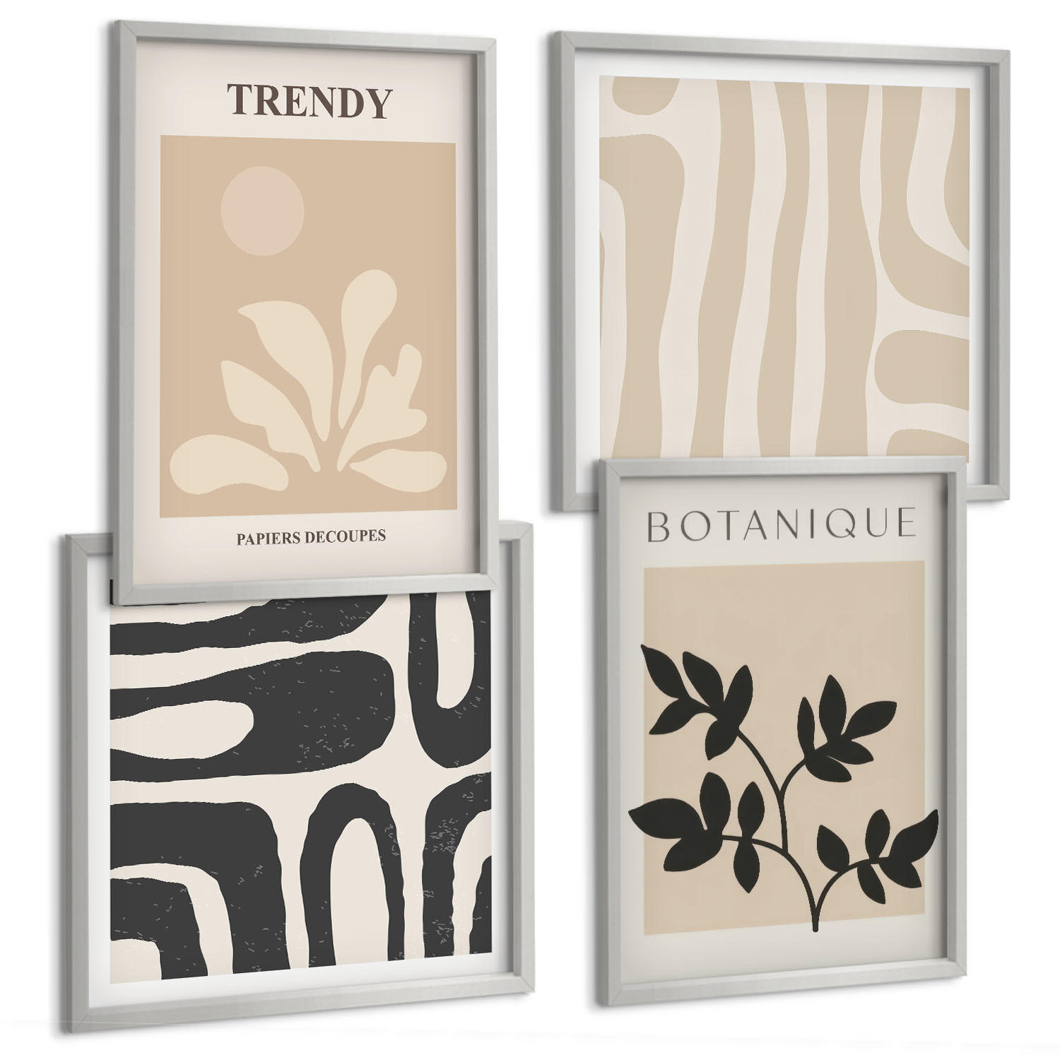BILDER SET 4er Set - 50x50 cm & 40x60 cm Silberner Rahmen - Stilvolle Pflanzenmuster in Beige und Schwarz - Silberfarben, Kunststoff (50/50cm) - TULUP