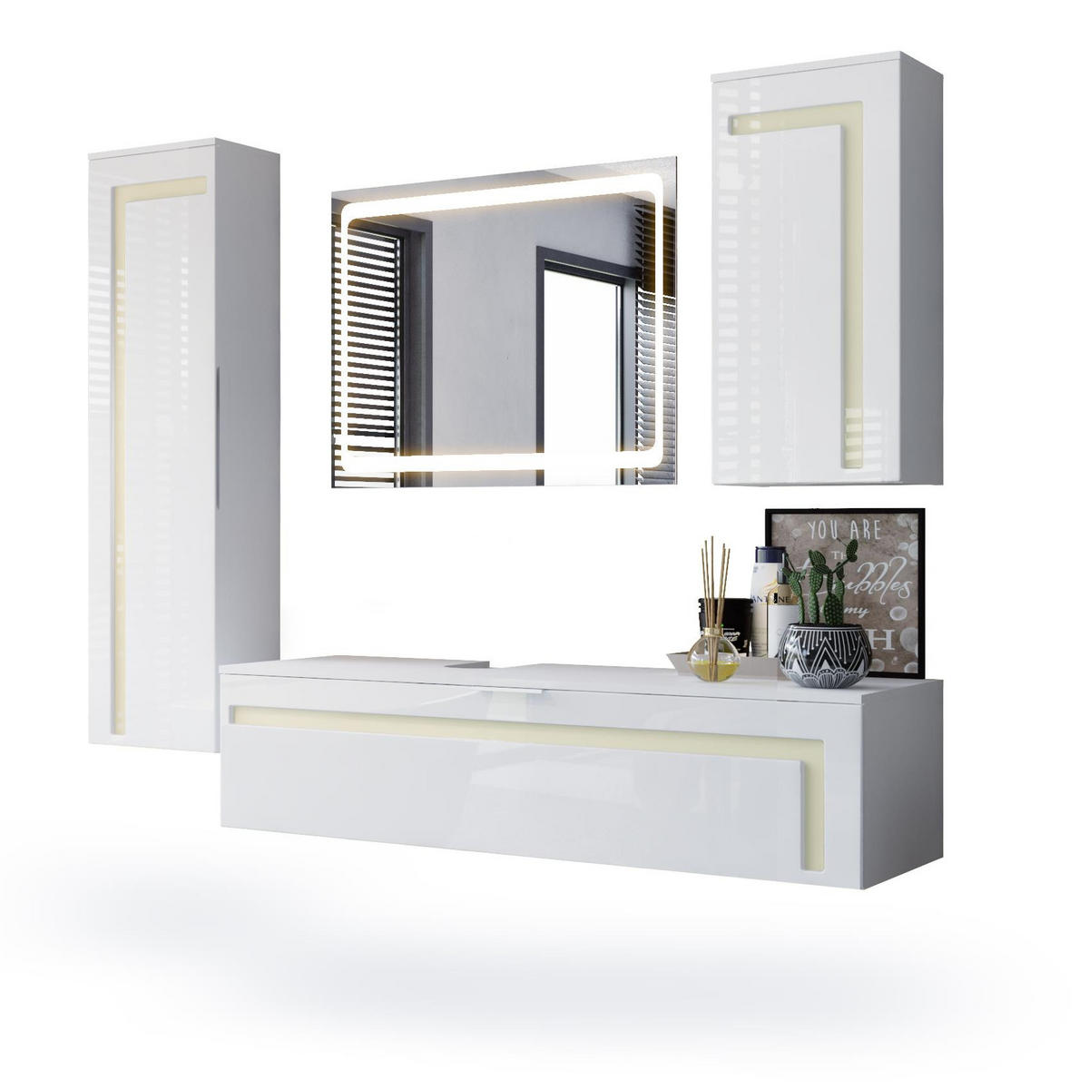 BADMÖBELSET Aloha Absetzungen in Creme Hochglanz - Creme, Holzwerkstoff (210/185/51cm) - Vladon