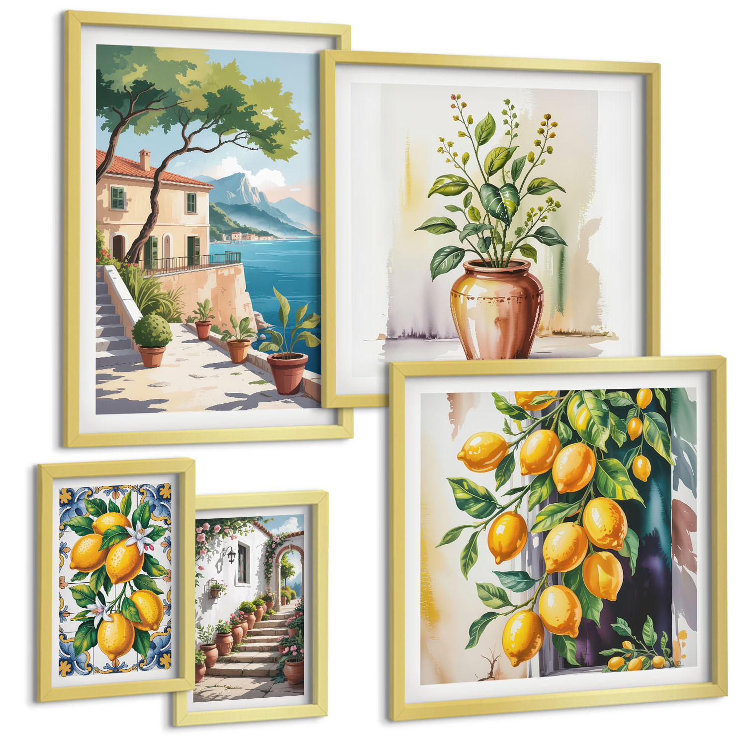 BILDER SET 5er Set - 50x50 cm & 20x30 cm & 40x60 cm Goldrahmen - Zitrusbaum im Fenster am Meer - Goldfarben, Kunststoff (40/60cm) - TULUP