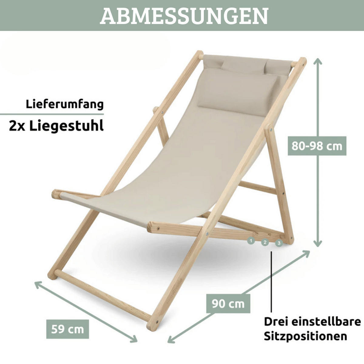 SONNENLIEGE Holz klappbar FRIEDA 2er Set Liegestuhl Creme - Creme, Holz (59/80/90cm) - DELUKE