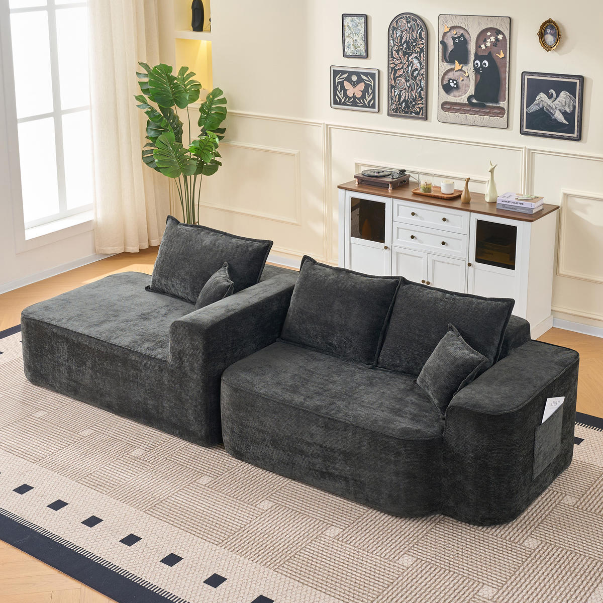 ECKSOFA 262/144/65 cm schwarz aus Chenille mit Chaiselongue und modularem Design - Schwarz, Textil (144/262cm) - OKWISH