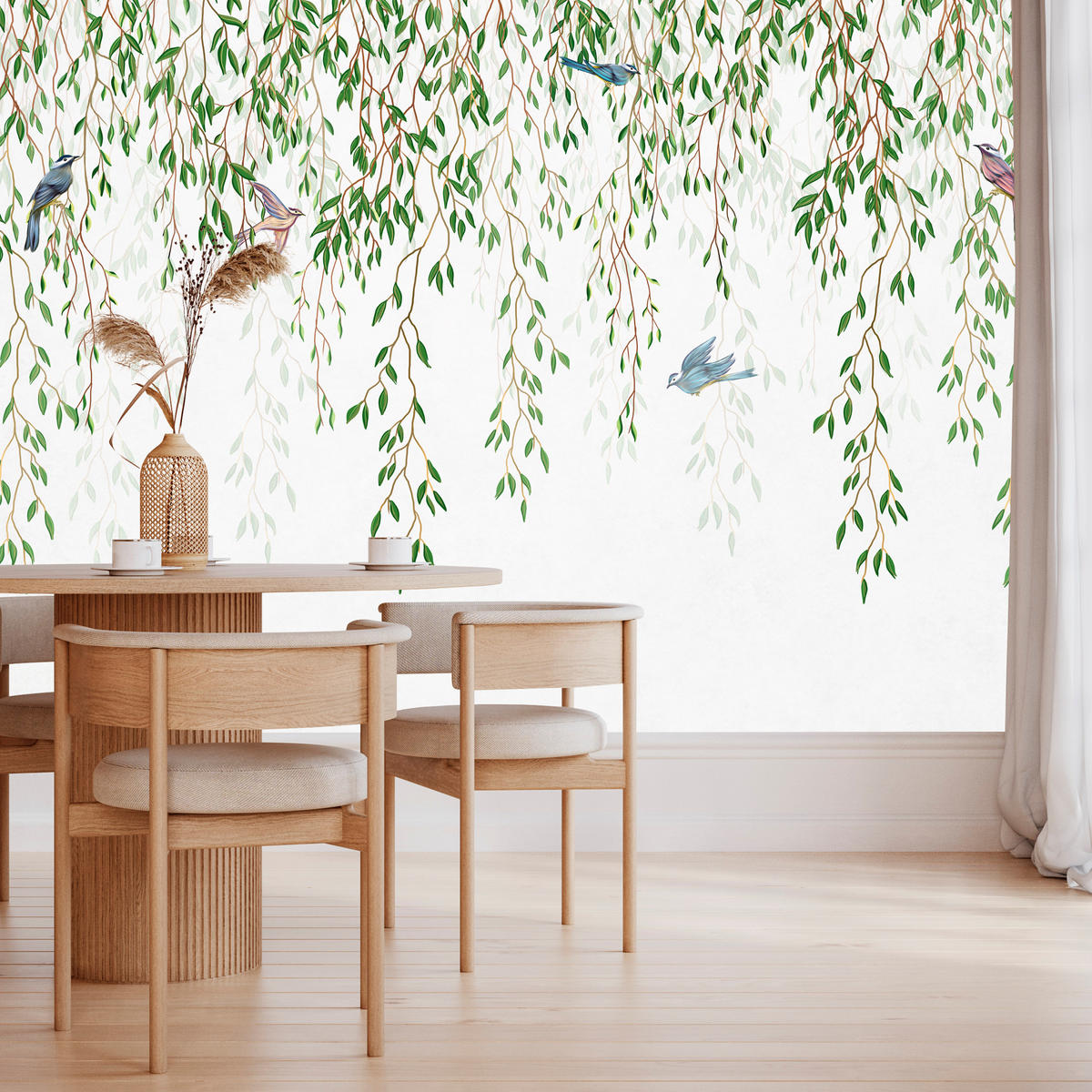 FOTOTAPETA Pre Spálňu Smútočná Vŕba Konáre Vtáky Jar Listy 450 x 315 cm - hnedá/modrá, papier (450/315cm) - Muralo