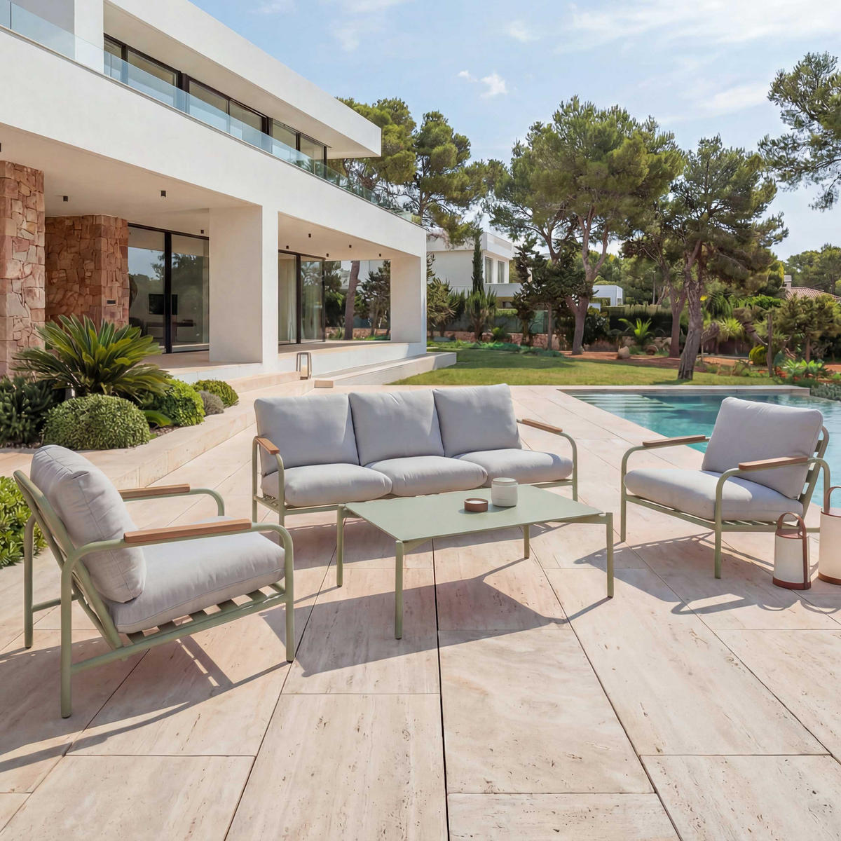 GARTENGARNITUR Hellgrün, Beige 1x 3-Sitzer Gartenbank, 2x Sessel und 1x Tisch-Set - Beige/Hellgrün, Metall - MCW