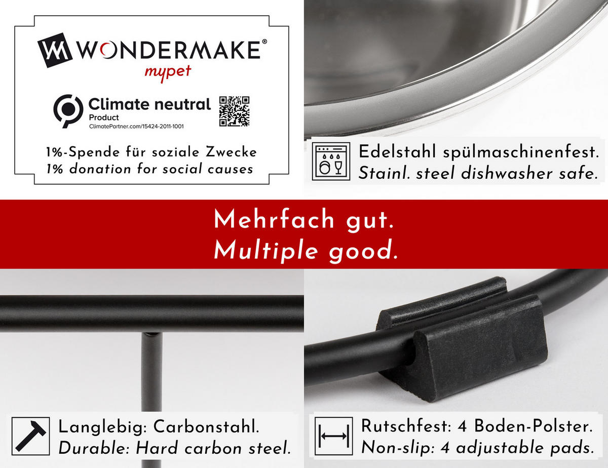 HUNDENAPF erhöht für mittelgroße/große Hunde mit Ständer, rutschfest aus Edelstahl - Silberfarben, Metall (1cm) - WONDERMAKE