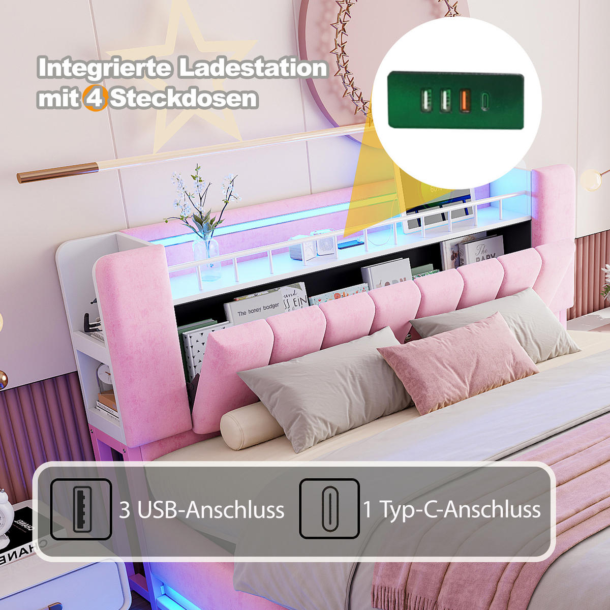 POLSTERBETT 180/200 cm Pink mit LED-Beleuchtung mit USB- und Type-C-Anschlüssen mit Stauraum Samtbezug - Rosa, Textil (180/200cm) - OKWISH