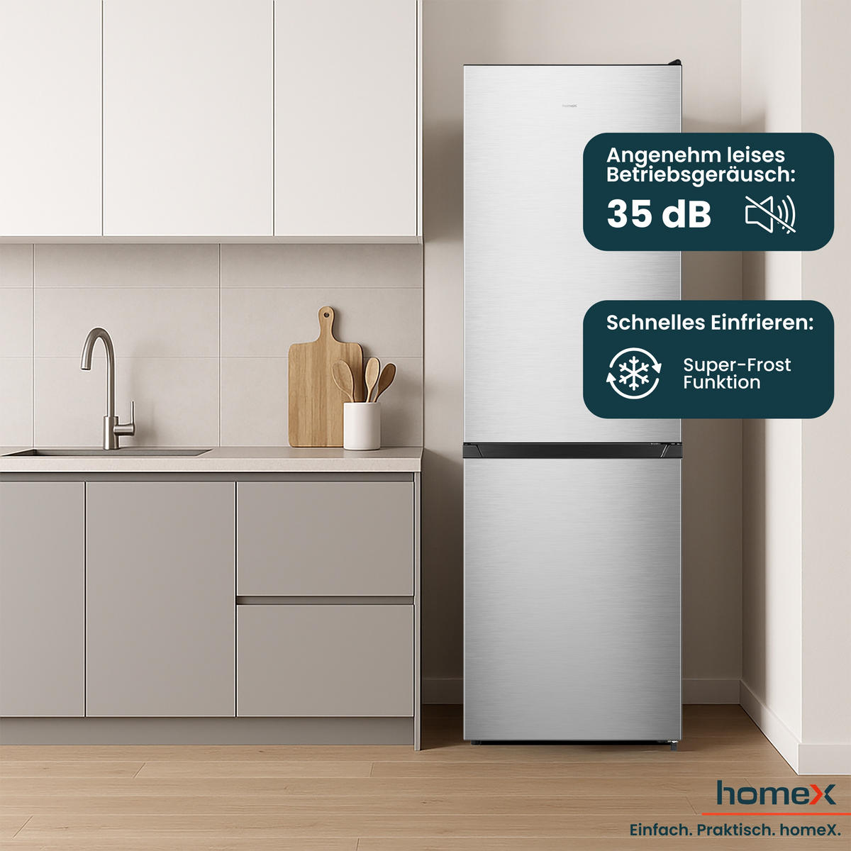 KÜHL-GEFRIER-KOMBINATION, No Frost, freistehend, groß, Kühlschrank mit Gefrierfach - 304 Liter, EEK A, leise 35 dB - Silberfarben, Glas/Kunststoff (59.5/187.3/59cm) - homeX