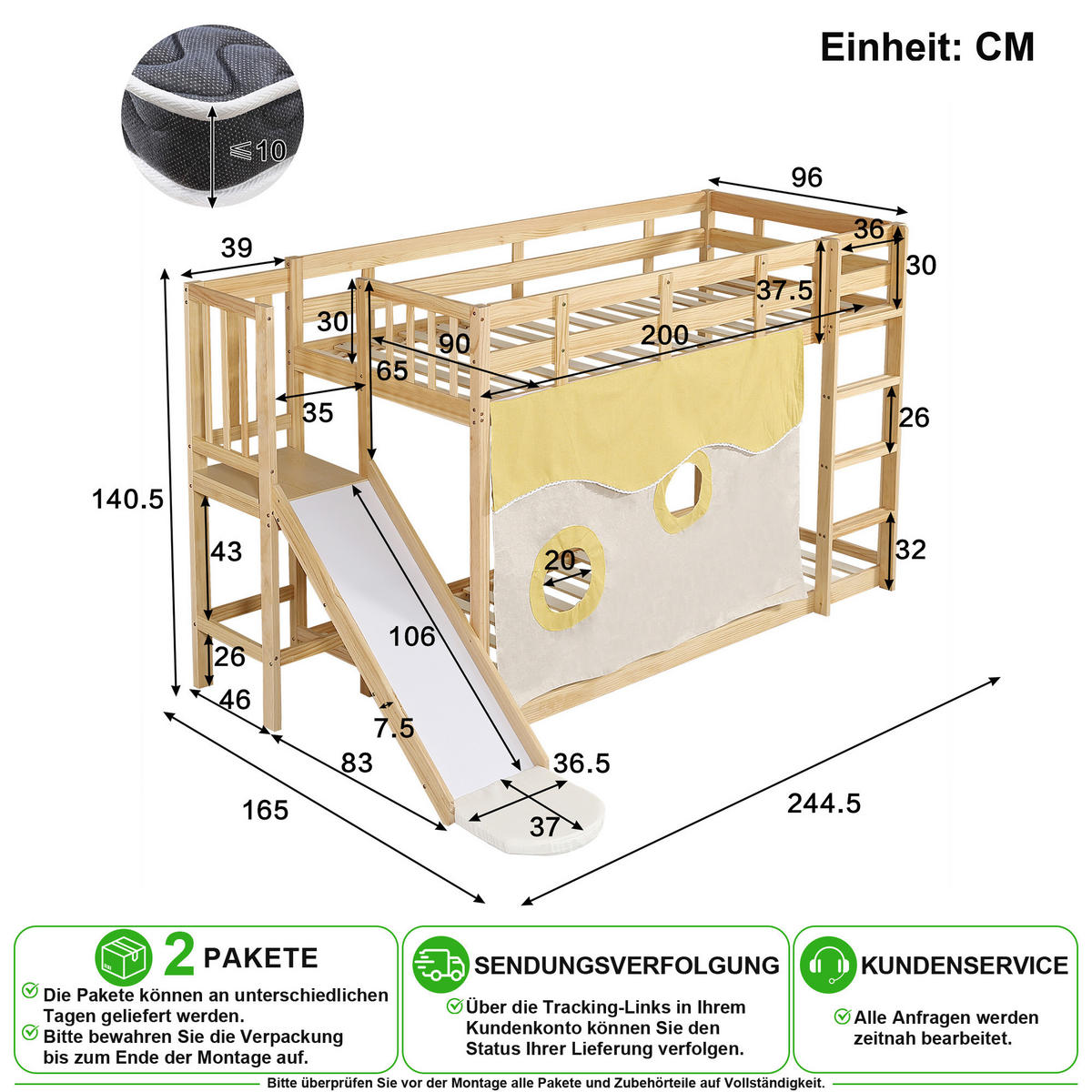 ETAGENBETT 90/200 cm in Natur mit Treppe, Rutsche und Bettvorhang - Naturfarben, Holz/Holzwerkstoff (90/200cm) - CHICFURN