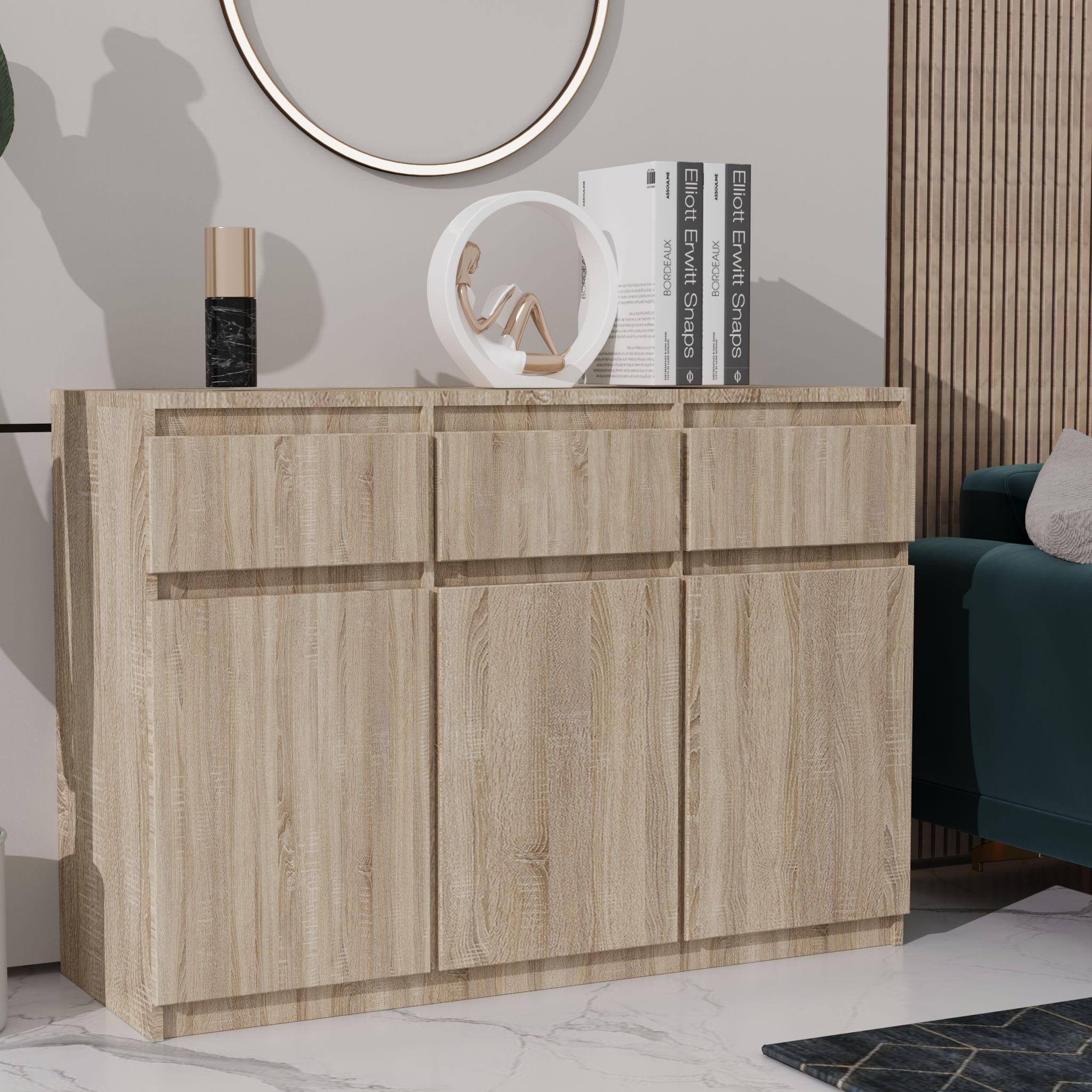 KOMMODE MERAVIGLIA 120/85/33 cm mit 3 Schubladen 3 Türen Sonoma Eiche - Sonoma Eiche, Holzwerkstoff (120/85/33cm) - MASSENO