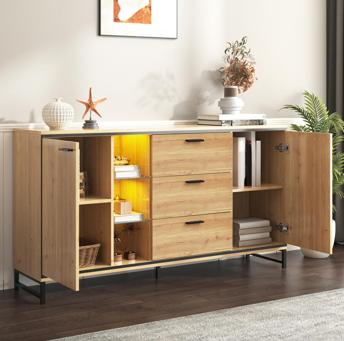 SIDEBOARD 160/40/85 cm mit 3 Schubladen, LED-Beleuchtung & Glas-Elementen - Naturfarben, Holzwerkstoff (160/85/40cm) - BEAOK