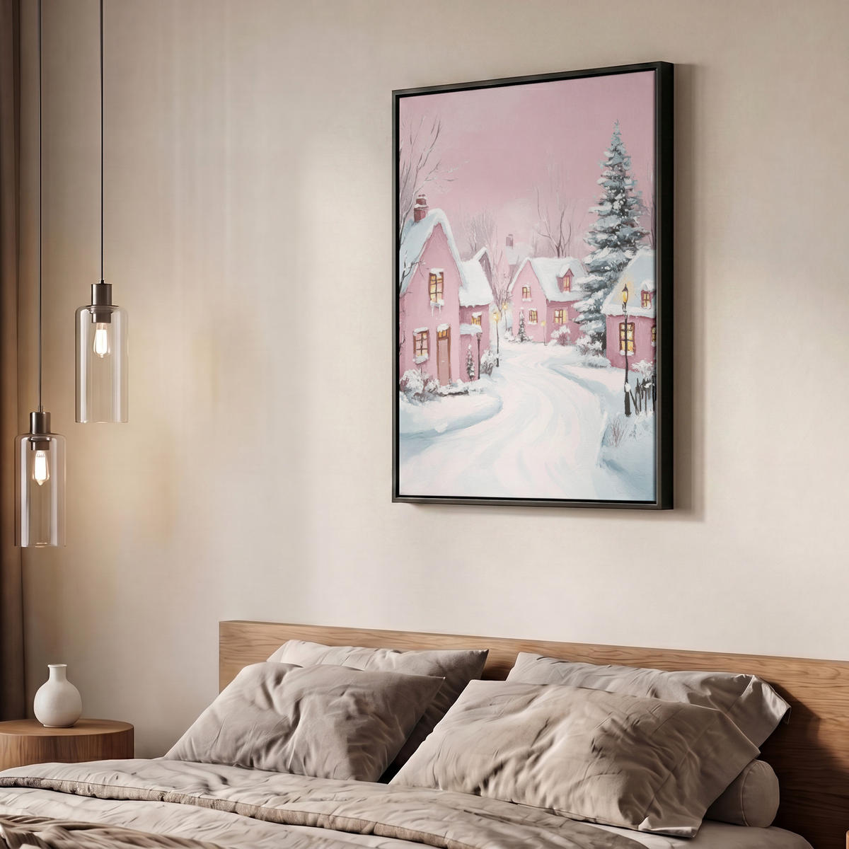 LEINWAND Bilder mit Rahmen - Weihnachtsdorf - Rosa - Winter - Schnee - Häuser - 50x70 - Altrosa, Textil (50/70cm) - MuchoWow