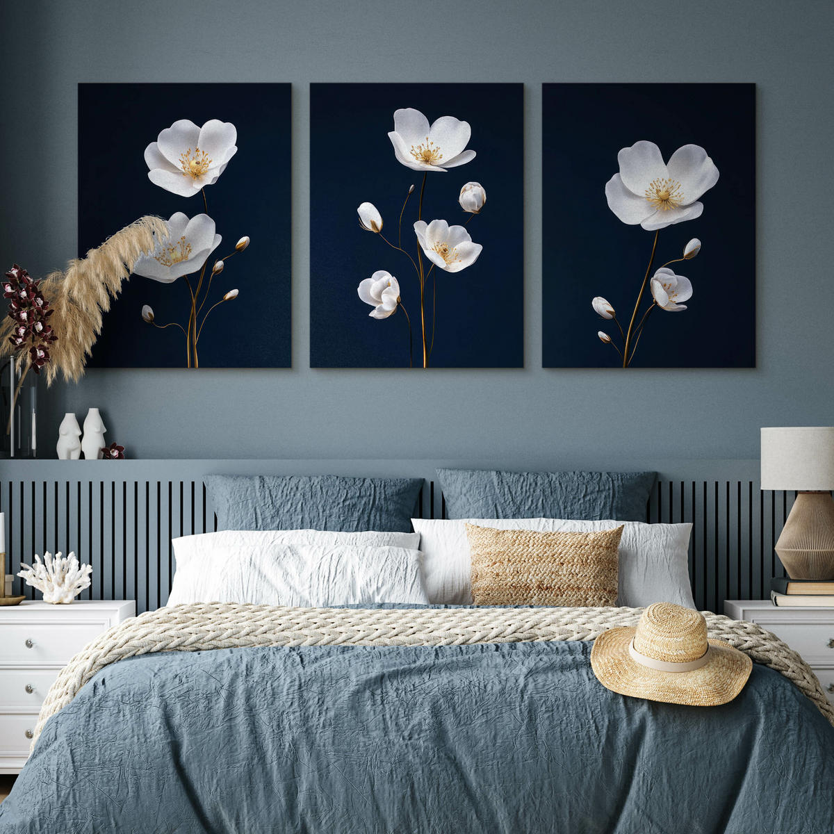 LEINWANDBILDER 3-es Set Feldblumen Natur - Blau/Beige, Textil (90/40cm) - Muralo