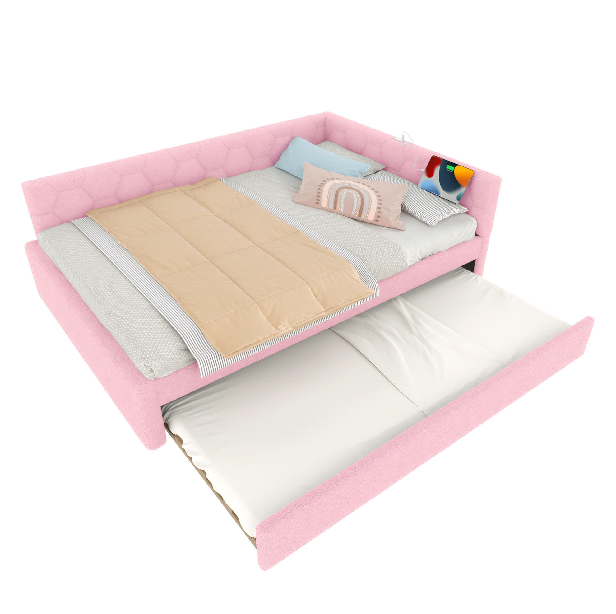 BETT 140/200 cm in Rosa – mit Ausziehbett, USB/Typ-C und inkl. Lattenrost - Rosa, Textil (140/200cm) - BEAOK
