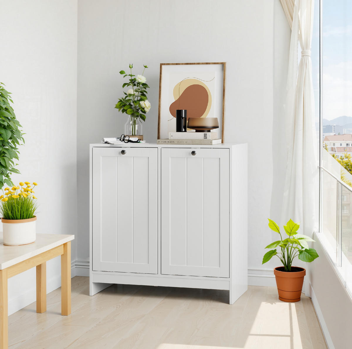 WÄSCHESCHRANK mit 2 Körben Weiß MDF - Weiß, Holzwerkstoff (33/68/66cm) - Beauniv