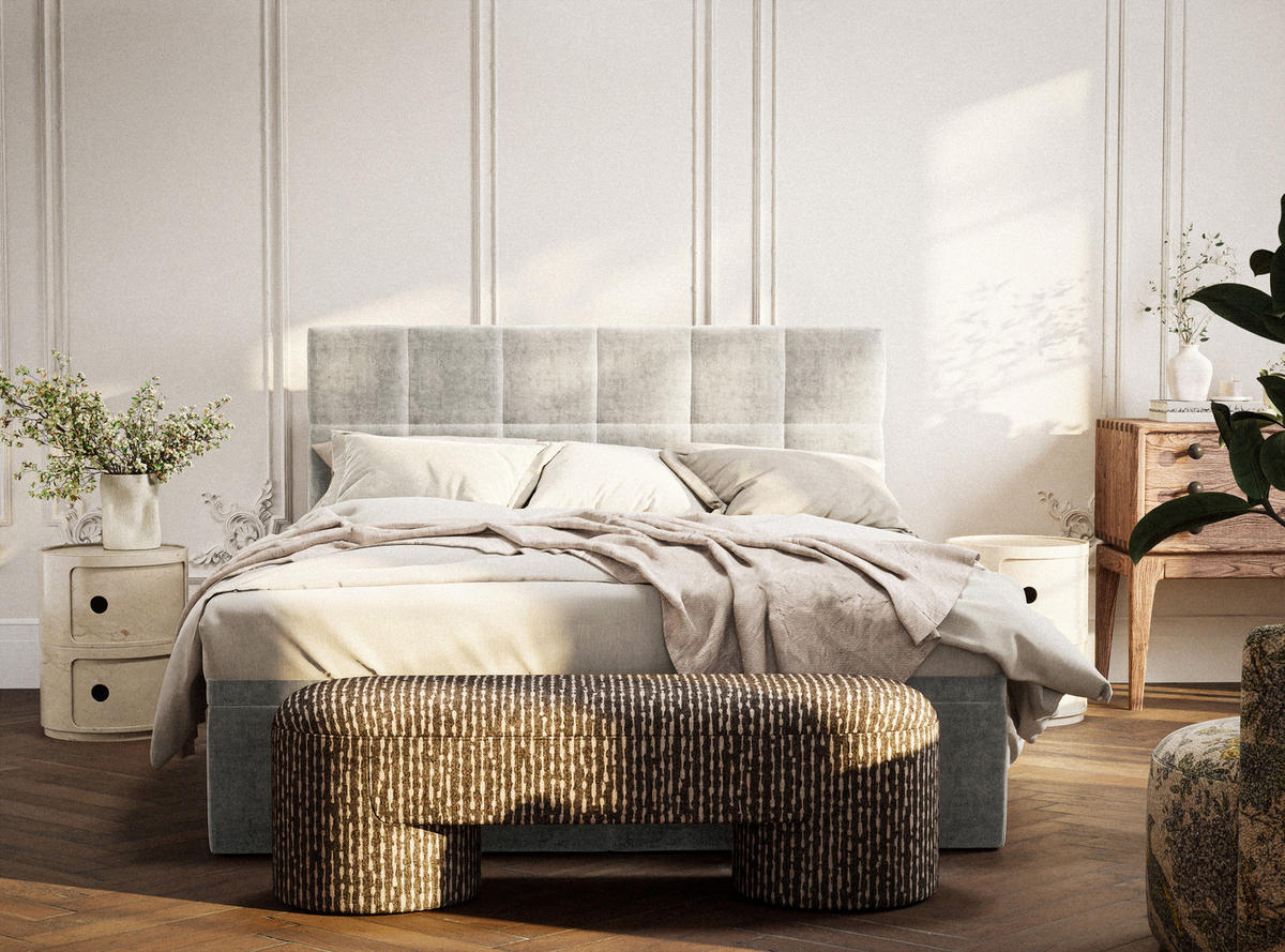 BOXBETT 180/200 cm Gotu M, in Beige, Matratze, gepolstertes Kopfteil, Bettkasten, H3 = fest - Beige/Schwarz, Holz/Holzwerkstoff (180/200cm) - Maison de Reve
