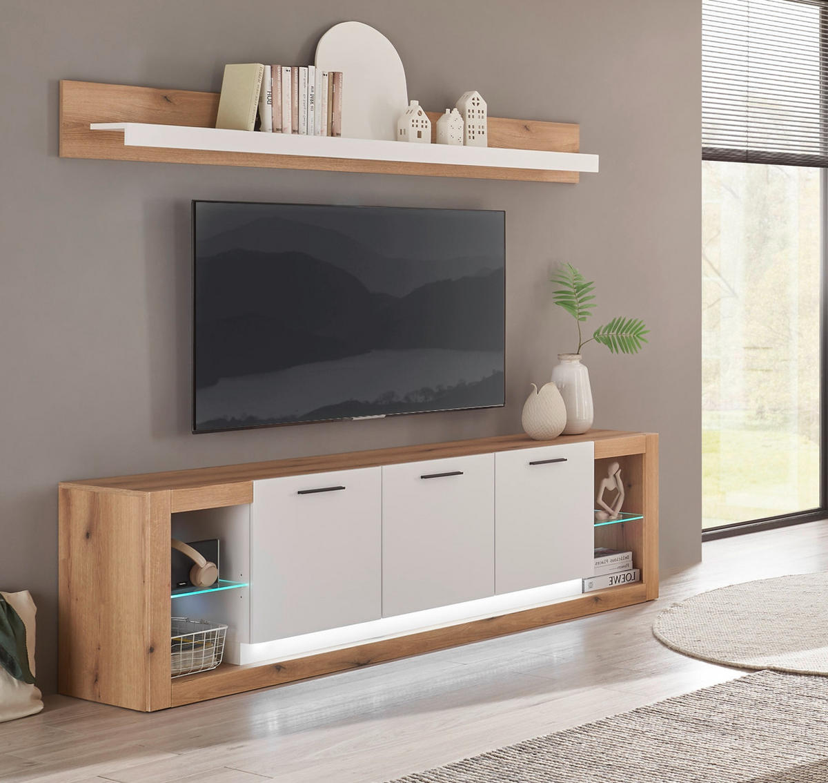 WOHNZIMMER-SET Wandboard weiß matt, Evoke Eiche, Wohnkombination Set 2-teilig - Eichefarben/Silberfarben, Glas/Holzwerkstoff (198/170/43cm) - Furn.Design