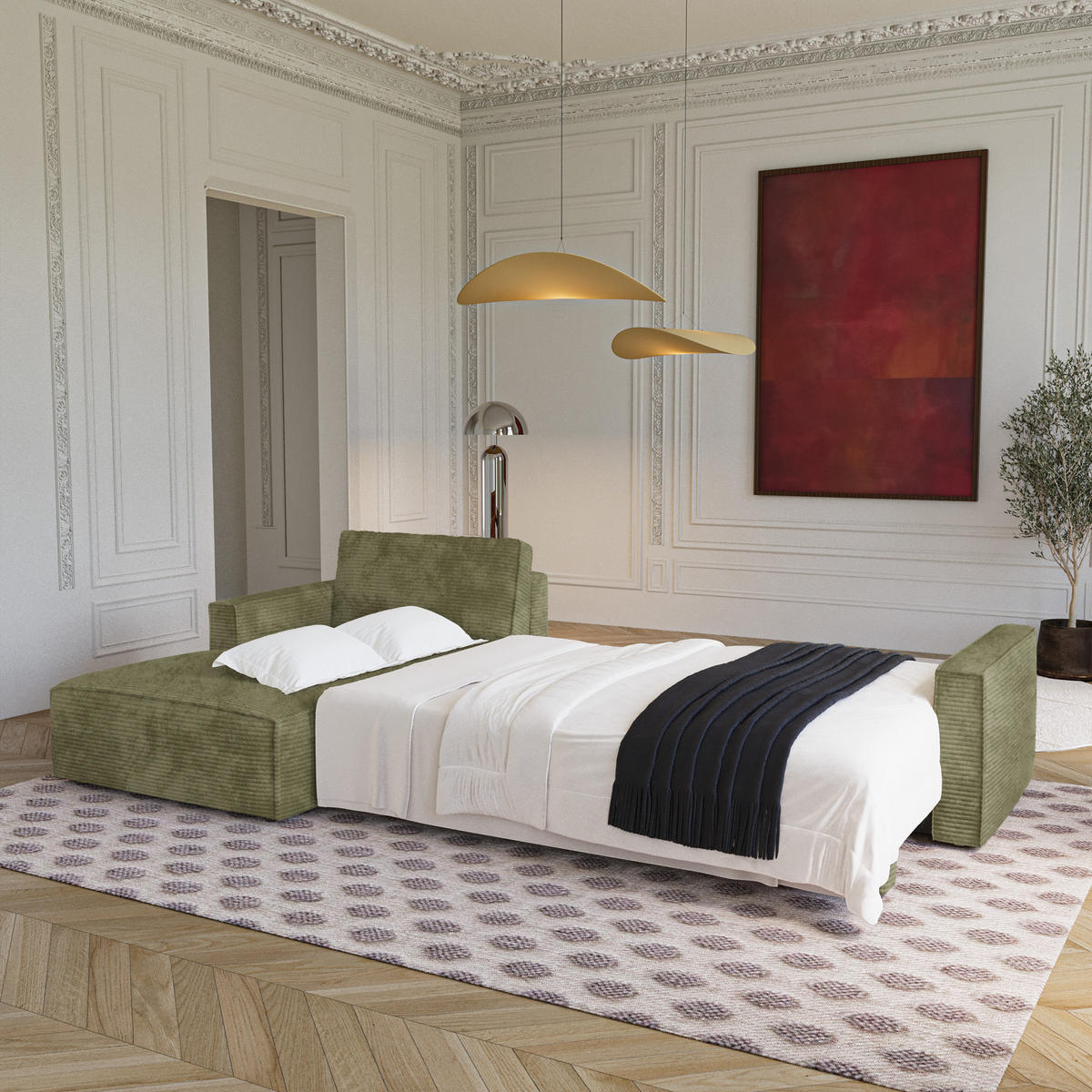 LINKSECK-SCHLAFSOFA mit Stauraum Cord Olivgrün 297cm - Olivgrün/Grün, Textil (297/167cm) - Premium Interiors