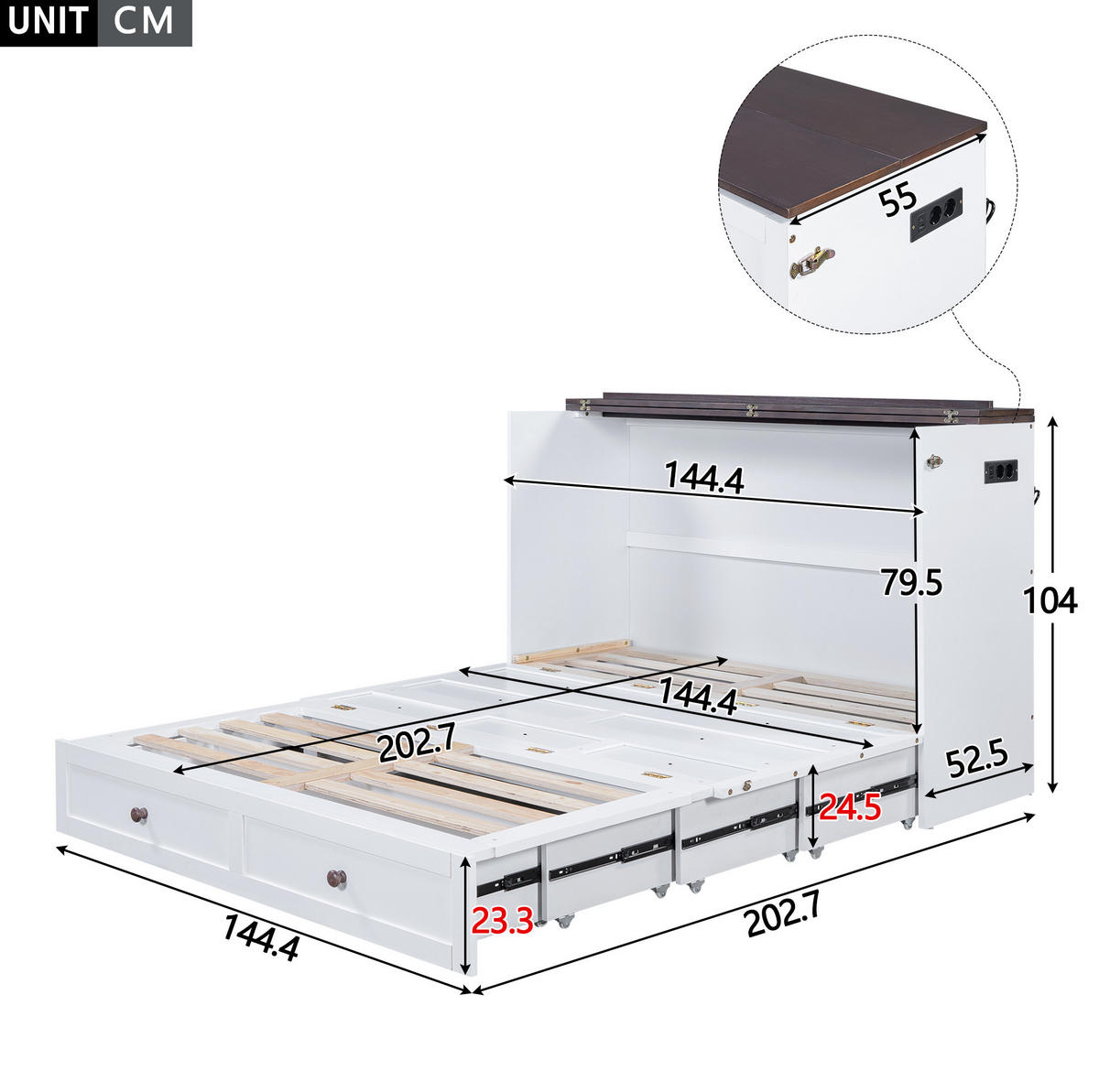 BETT 140/200 cm Weiß mit Schublade, Regal und USB-Anschluss - Weiß, Holz (140/200cm) - Flora Grace