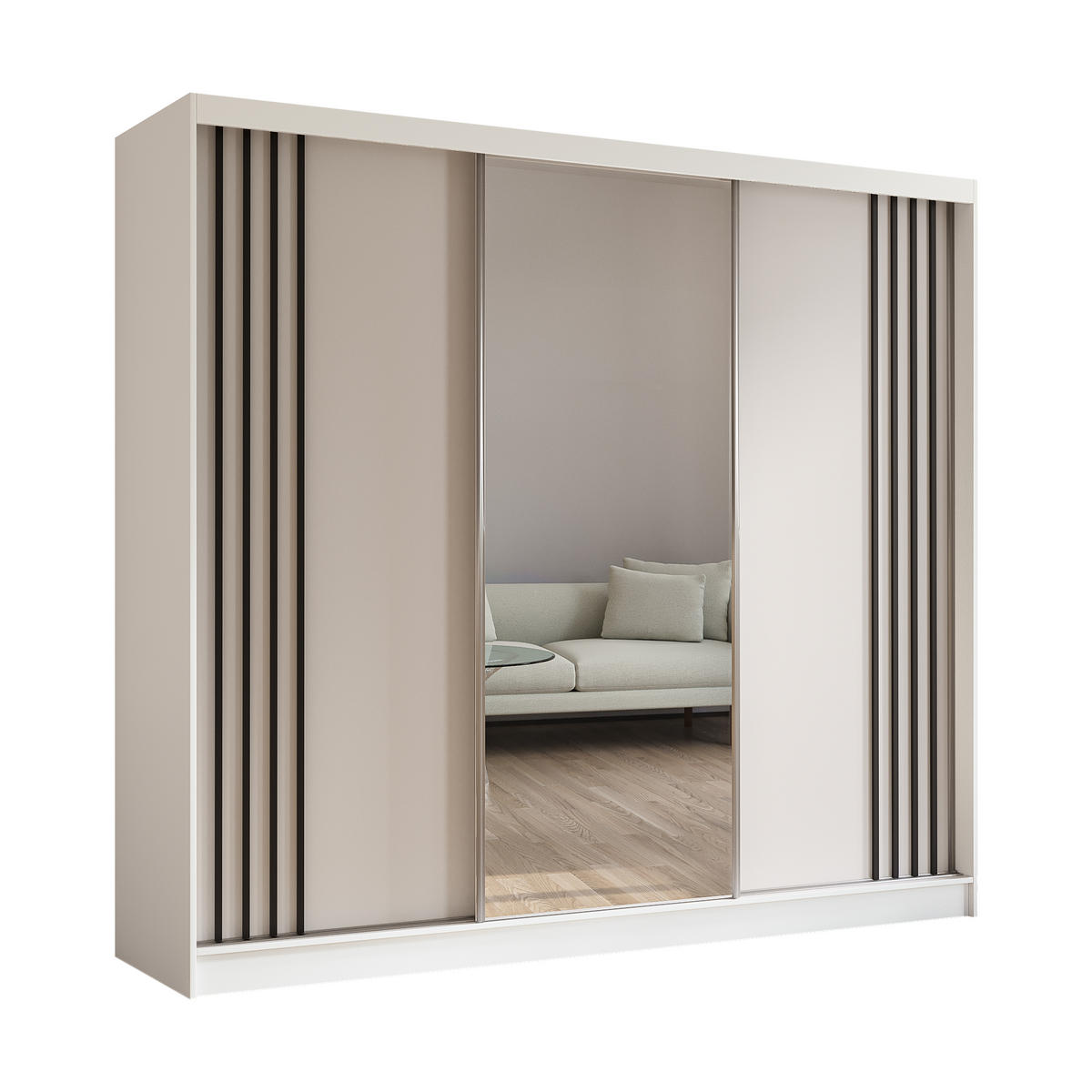 KLEIDERSCHRANK mit Spiegel-Schiebetüren und Aluminium-Leisten - NALLA - 240 cm Weiß+Weiß+Schwarz - Schwarz/Weiß, Holzwerkstoff (240/216/61cm) - ALTDECOR
