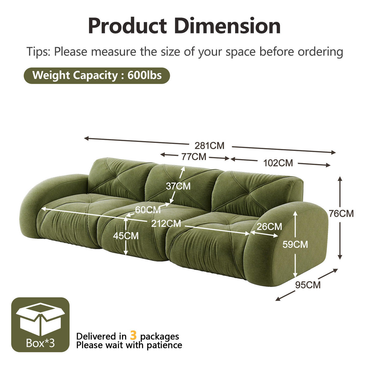 3-SITZER SOFA chenille in weiß oder grün, rahmenlos & montagefrei - Grün, Textil (281/76/95cm) - Urban Meuble