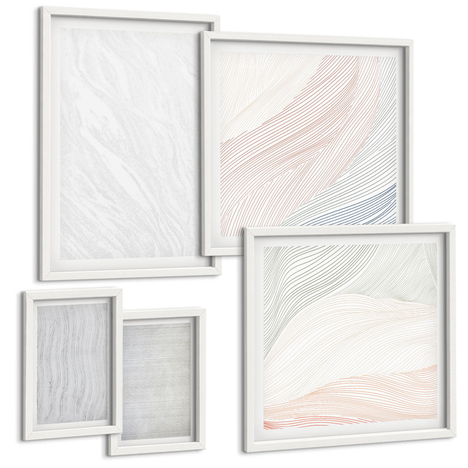 BILDER SET 5er Set - 50x50 cm & 20x30 cm & 40x60 cm Weißer Rahmen - Leuchtende Strukturen, Sandmuster - Weiß, Kunststoff (40/60cm) - TULUP