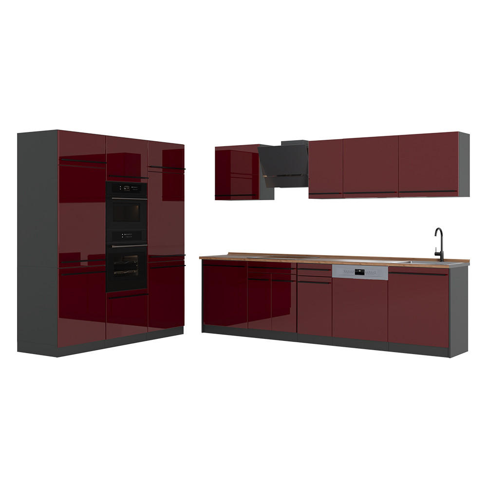 KÜCHENZEILE R-Line, Rot Hochglanz/Anthrazit, 180 cm Arbeitsplatte Goldkraft Eiche - Anthrazit/Rot, Holzwerkstoff (180/206.8/60cm) - Vicco